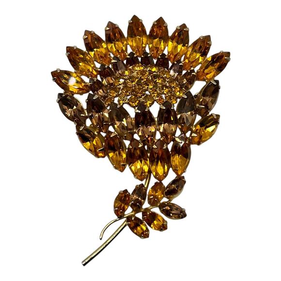 RARE Vendome Large Statement Sunflower Brooch Signed Vintage Rhinestone Jewelry - Picture 1 of 9